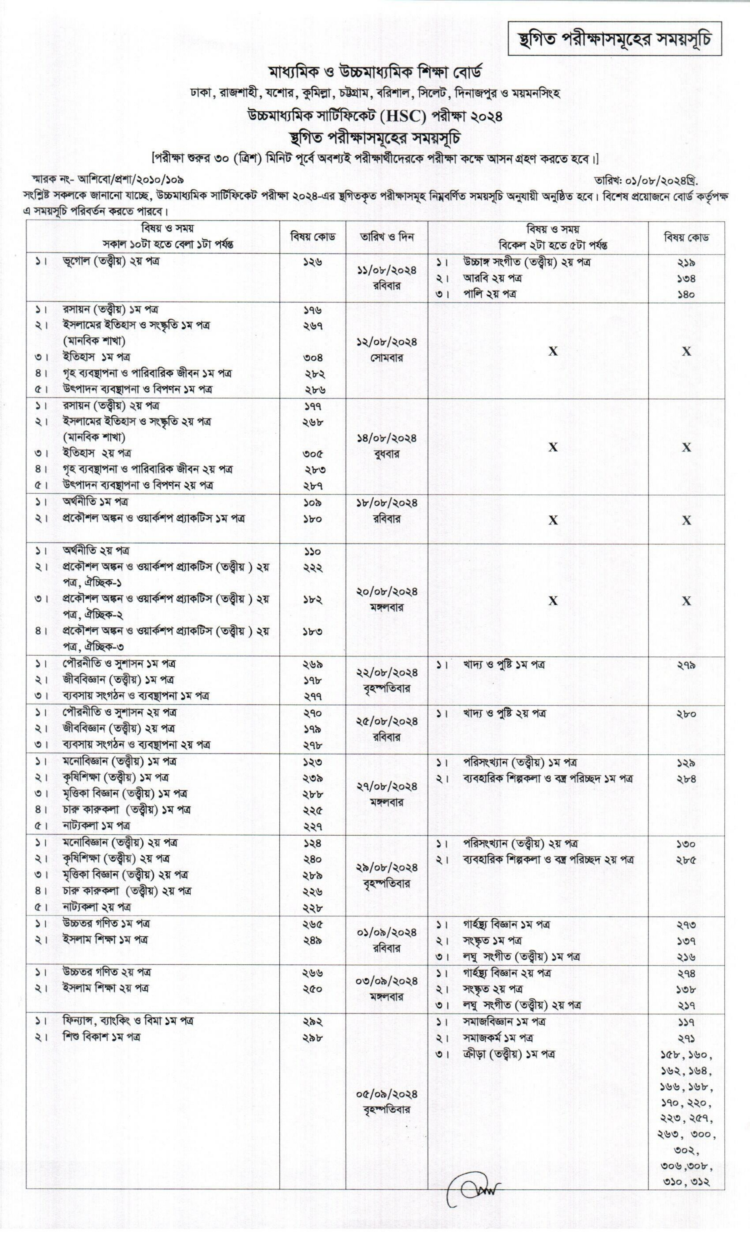 এইচএসসির স্থগিত পরীক্ষার সময়সূচি প্রকাশ