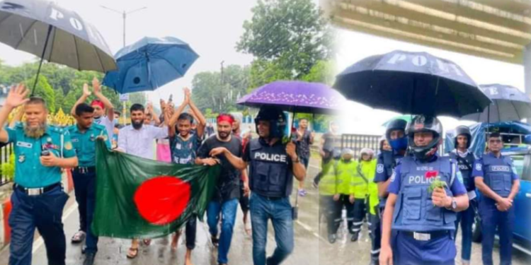 রংপুরে পুলিশের হাতে আন্দোলনকারীদের ফুল